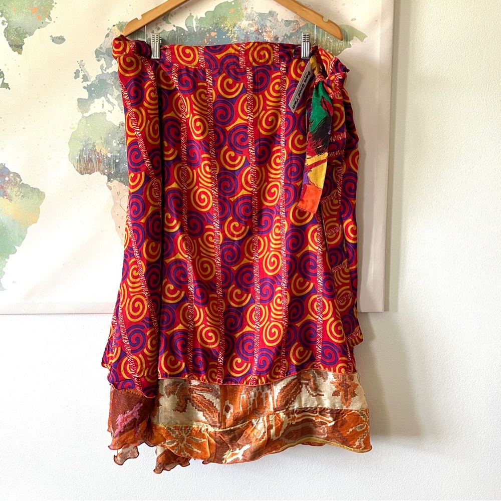 Darn Good Yarn Skirt Wrap Sari Red Yellow Orange Boho NWT Size XL 14-20